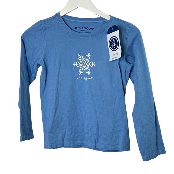Life is Good Blue Crusher Graphic Tee Shirt Heart Snowflake Girl's Large 10 NEW - Picture 1 of 5
